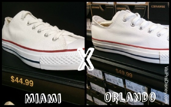 Foto dividida no meio, com a foto de um tênis All Star branco com preços abaixo e a palavra "Miami", e uma foto bem semelhante do outro lado com a palavra "Orlando", comparando os preços do mesmo item nas duas cidades. 