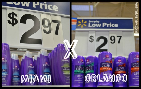 Aussie. Foto dividida no meio, com a foto de um creme Aussie, o preço atrás e a palavra "Miami", e uma foto bem semelhante do outro lado, com a palavra "Orlando", comparando os preços do mesmo item nas duas cidades. 