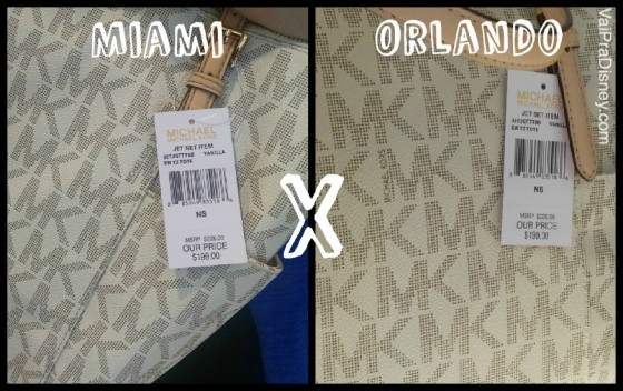 Michael Kors. Foto dividida no meio, com a foto de uma bolsa Michael Kors e a etiqueta de preço de um lado e a palavra "Miami", e uma foto bem semelhante do outro lado com a palavra "Orlando", comparando os preços do mesmo item nas duas cidades. 