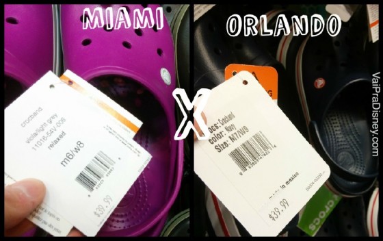 ORLANDO X MIAMI. Foto dividida no meio, com a foto de um par de Crocs roxos, a etiqueta de preço de um lado e a palavra "Miami", e uma foto bem semelhante do outro lado, mas o par de Crocs é preto, com a palavra "Orlando", comparando os preços do mesmo item nas duas cidades. 