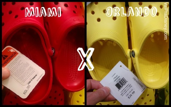 ORLANDO X MIAMI. Foto dividida no meio, com a foto de um par de Crocs vermelhos, a etiqueta de preço de um lado e a palavra "Miami", e uma foto bem semelhante do outro lado, mas o par de Crocs é amarelo, com a palavra "Orlando", comparando os preços do mesmo item nas duas cidades. 