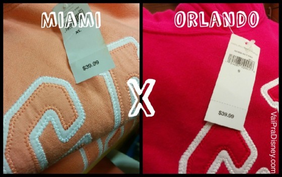 ORLANDO X MIAMI. Foto dividida no meio, com a foto de um moletom da Gap laranja e a etiqueta de preço de um lado e a palavra "Miami", e uma foto bem semelhante do outro lado, mas o moletom é vermelho, com a palavra "Orlando", comparando os preços do mesmo item nas duas cidades. 