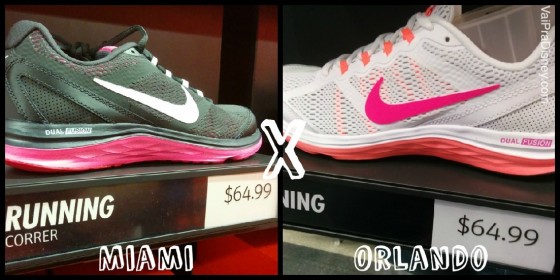 Foto dividida no meio, com a foto de um tênis Nike preto e branco com preços abaixo e a palavra "Miami", e uma foto bem semelhante do outro lado, mas com um tênis branco e rosa, com a palavra "Orlando", comparando os preços do mesmo item nas duas cidades. 