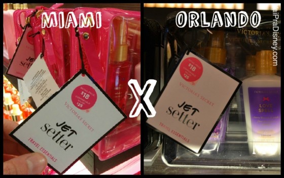 Victoria's Secret. Foto dividida no meio, com a foto de um perfume Victoria's Secret, a etiqueta de preço de um lado e a palavra "Miami", e uma foto bem semelhante do outro lado, com a palavra "Orlando", comparando os preços do mesmo item nas duas cidades. 