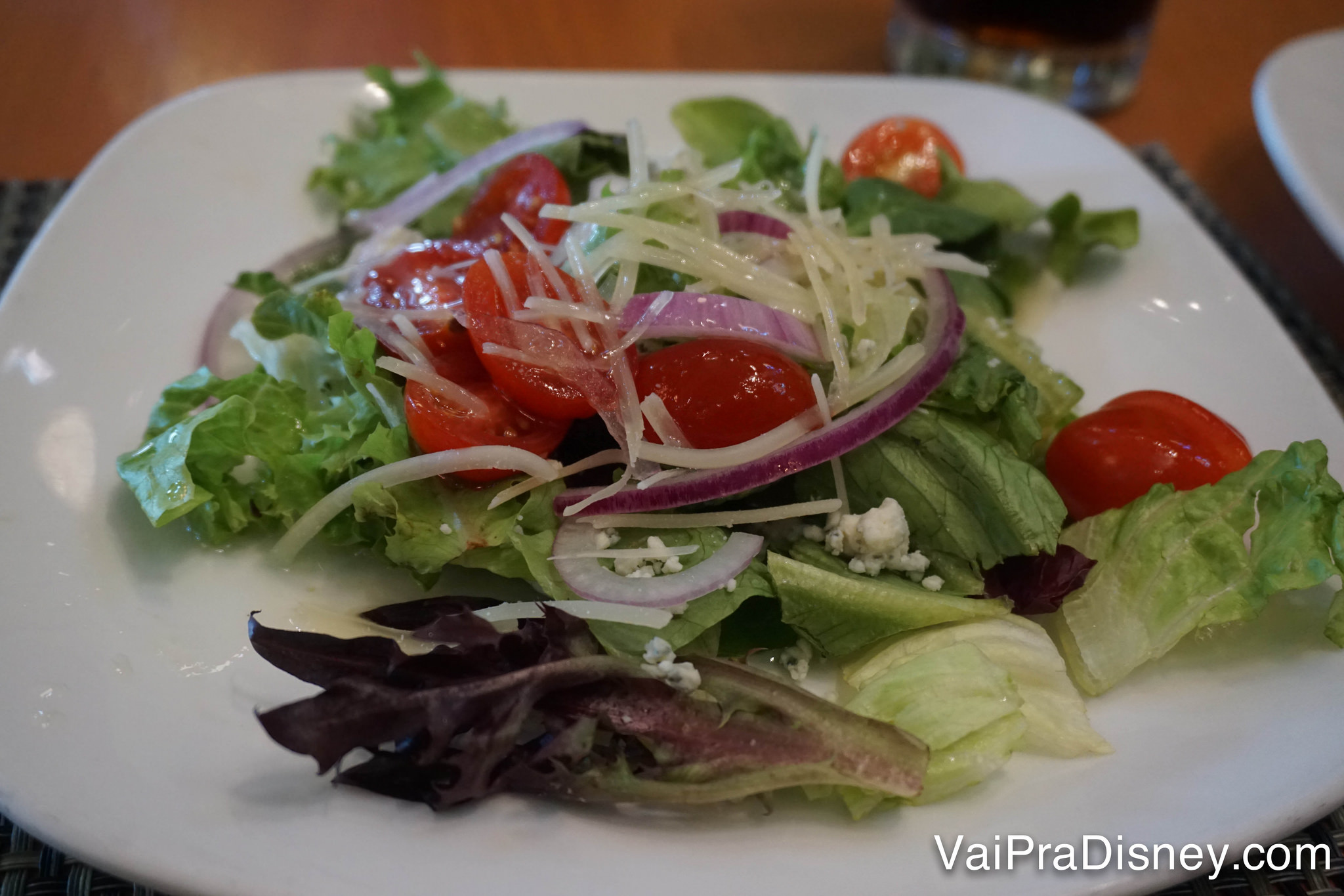 Foto do prato com a salada de alface, tomate, cebola e parmesão 
