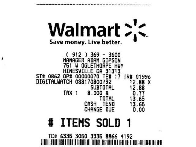 Recibo do Walmart, de compra feita no estado da Georgia. A Sales Tax vem separada no final.