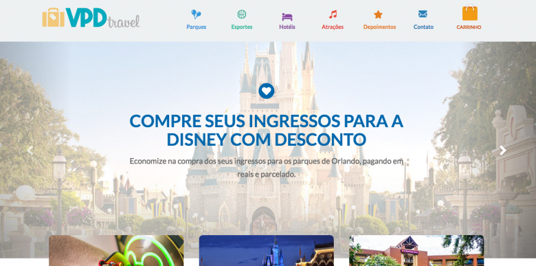Foto da página inicial do site de vendas VPD Travel, com o texto "compre seus ingressos para a Disney com desconto"