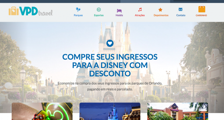 Foto do site VPD Travel, com o texto "Compre seus ingressos para a Disney com desconto" 