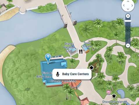 Mapa do Animal Kingdom indicando onde fica o Baby Care Center do parque. 