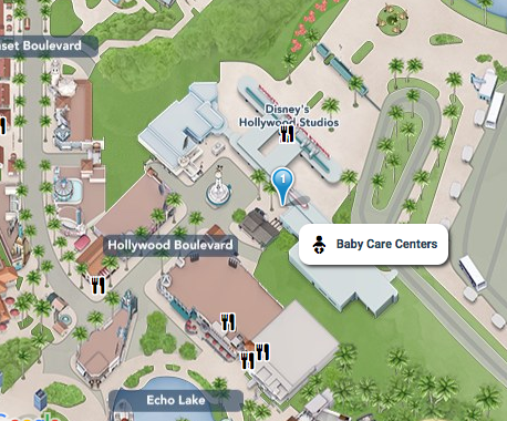 Mapa do Hollywood Studios indicando onde fica o Baby Care Center do parque. 
