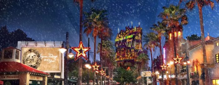 Perspectiva da Sunset Boulevard em clima de Natal durante a Sunset Seasons Greetings