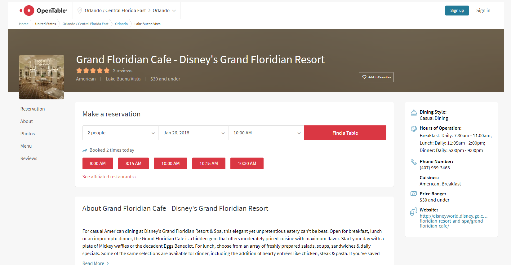 Grand Floridian Cafe é um dos restaurantes que estão no OpenTable