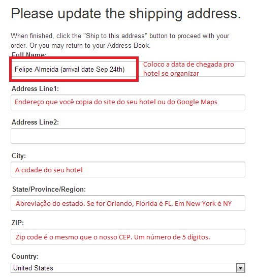 Fazendo suas compras online pela Amazon. Foto da tela no site da Amazon indicando onde preencher os dados do endereço 