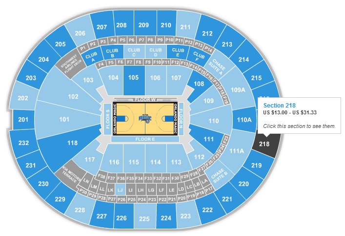 NBA - Todas as sessões do estádio. É só ir passando o mouse para verificar os preços em cada sessão.