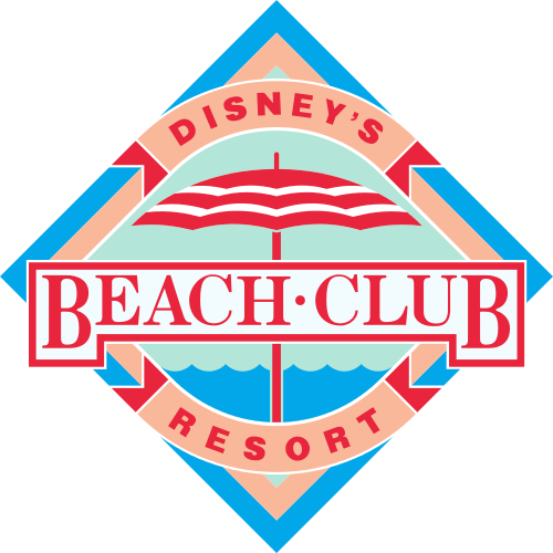 Logo do Disney's Beach Club Resort, azul e vermelho com o desenho de um guarda-sol 