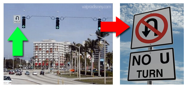 Como dirigir em Orlando: U-Turn. Na foto a esquerda, você pode fazer o retorno. Na direita, não. Foto de duas placas indicando retorno permitido (primeira) e proibido (segunda) 