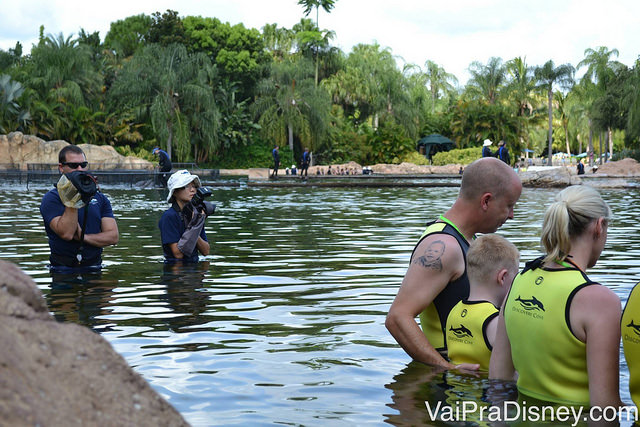 Fotógrafo e cinegrafista do Discovery Cove entram na água junto com o grupo para registrar todos os momentos