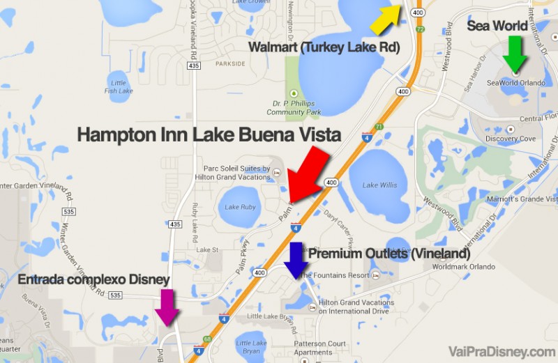 Mapa com alguns pontos de Orlando, mostrando a localização do hotel Hampton Inn em relação a eles 