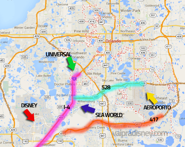 Dirigir em Orlando. Principais pontos de Orlando. Veja o que fica no Leste, Oeste e Norte da cidade. Mapa de Orlando com os pontos mais importantes indicados por flechas coloridas