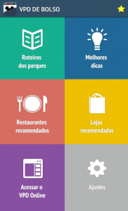 VPD de Bolso  - Apps essenciais. Foto da tela no app VPD de bolso, mostrando as seções disponíveis - Roteiros, Dicas, Recomendações etc. 