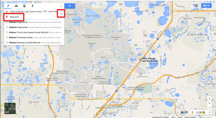 Foto da tela do Google Maps localizando unidades do Walmart próximas de um hotel em Lake Buena Vista 