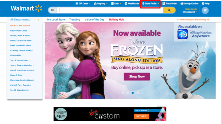 Foto da tela do site do Walmart indicando onde clicar para localizar uma loja 