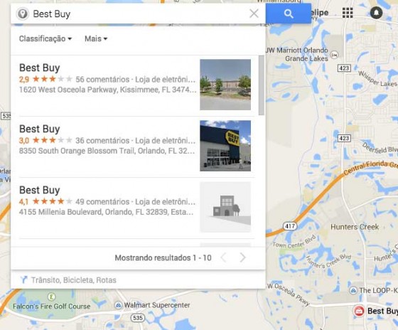 Foto da listagem dos endereços das lojas mais próximas de Lake Buena Vista em Orlando, no Google Maps