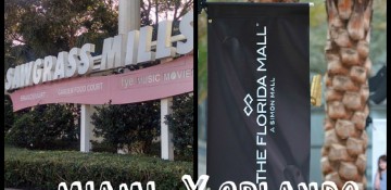 Foto dividida no meio, com a fachada do Sawgrass Mills em Miami de um lado, com "Miami" escrito embaixo, um x, uma placa do Florida Mall de Orlando do outro e a palavra "Orlando" embaixo