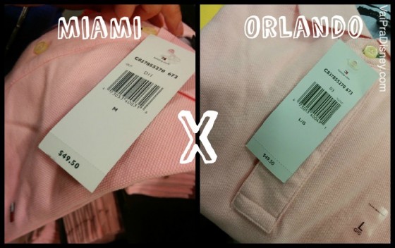 ORLANDO X MIAMI. Foto dividida no meio, com a foto de uma camiseta pólo e a etiqueta de preço de um lado e a palavra "Miami", e uma foto bem semelhante do outro lado com a palavra "Orlando", comparando os preços do mesmo item nas duas cidades. 