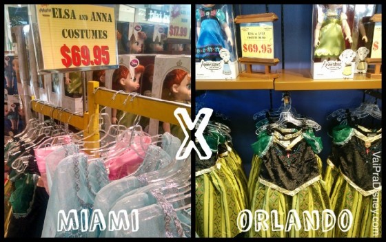 Foto dividida no meio, com a foto de fantasias de princesas Disney com preços acima e a palavra "Miami", e uma foto bem semelhante do outro lado com a palavra "Orlando", comparando os preços do mesmo item nas duas cidades. 