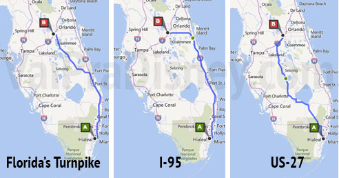 As 3 opções de estrada mais conhecidas entre Orlando e Miami. Foto do mapa ilustrando as possíveis rotas entre Miami e Orlando, Florida's Turnpike, I-95 e US-27