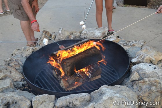 Foto da fogueira com os visitantes assando seus marshmallows durante o evento. 