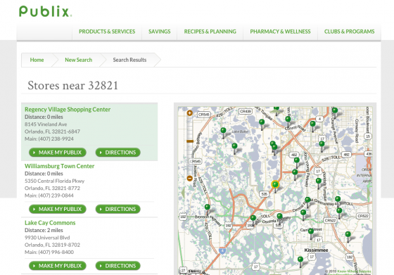 Foto do mapa no site do Publix mostrando as unidades por localização 