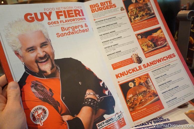 Parte do cardápio do Planet Hollywood com pratos assinados pelo chef Guy Fieri