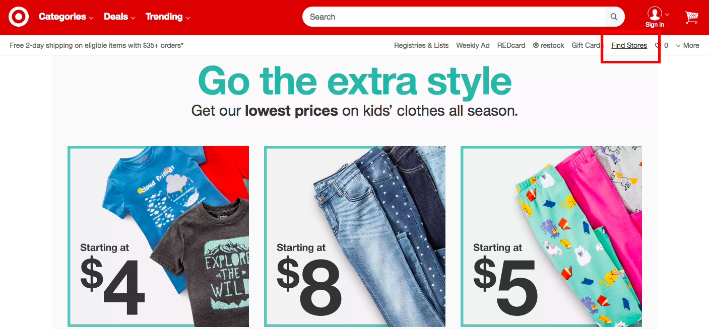Foto da tela no site da Target ensinando a consultar as lojas mais próximas 