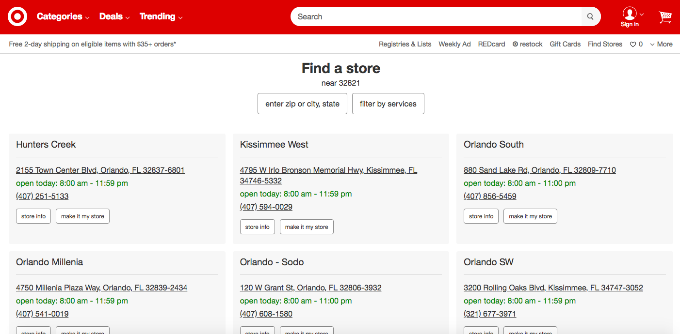 Foto da tela no site da Target ensinando a consultar as lojas mais próximas 