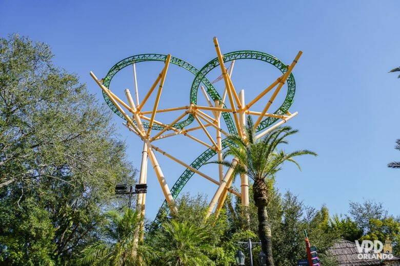 Cheetah Hunt, uma das montanhas russas mais novas do Busch Gardens em Tampa. Foto dos trilhos fazendo diversas curvas na montanha-russa Cheetah Hunt 