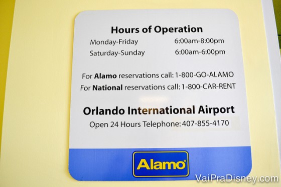 Horários de funcionamento da Alamo que fica dentro da Disney. A do aeroporto fica aberta 24 horas.