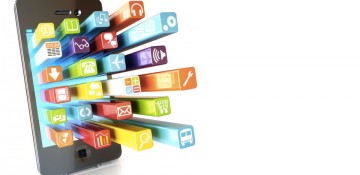 Foto de um celular com diversos ícones de apps se projetando para fora da tela, cada um de uma cor.