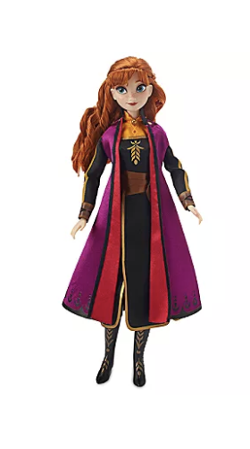 Foto da boneca da nova versão da Anna, também com a roupinha do novo filme que está à venda nas lojas da Disney 