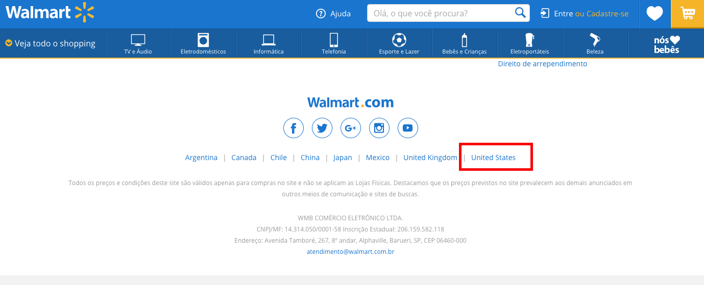 Foto da tela inicial do site do Walmart mostrando onde selecionar "Estados Unidos" como país de referência 