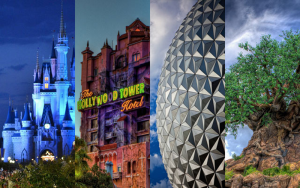 Imagem que mostra parte das atrações ícones de cada parque da Disney: o castelo da Cinderela no Magic Kingdom, a Tower of Terror do Hollywood Studios, a bola do Epcot e a árvore da vida do Animal Kingdom.