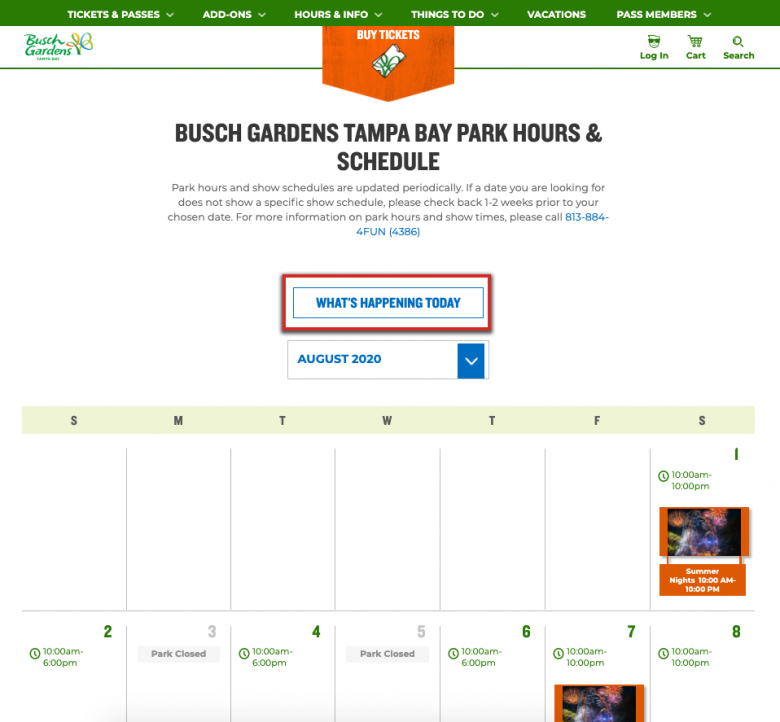 Como ver o horário de funcionamento do Busch Gardens. Foto do calendário do site do Busch Gardens.