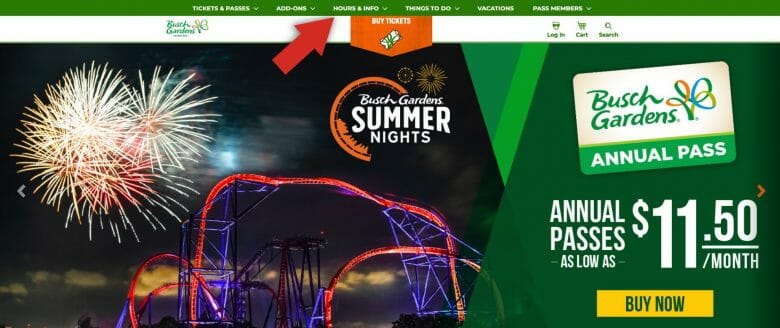 Como ver o horário de funcionamento do Busch Gardens. Foto do site do Busch Gardens