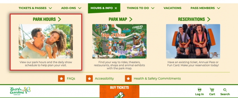 Como ver o horário de funcionamento do Busch Gardens. Foto do site do Busch Gardens. 