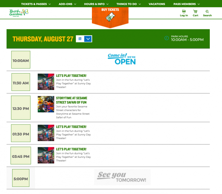 Foto da programação no site do Busch Gardens. 