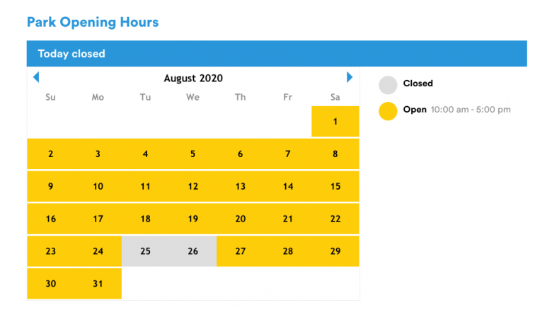 Como ver os horários dos parques. Foto do calendário no site da Legoland 