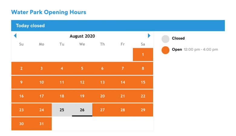 Como ver os horários dos parques. Foto do calendário do parque aquático no site da Legoland 