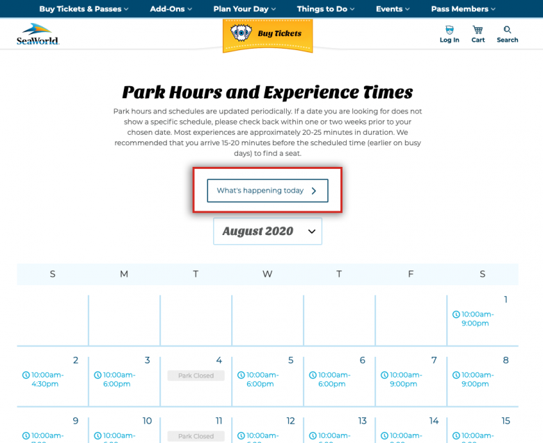 Como ver o horário de funcionamento do SeaWorld. Foto do calendário do site do SeaWorld.