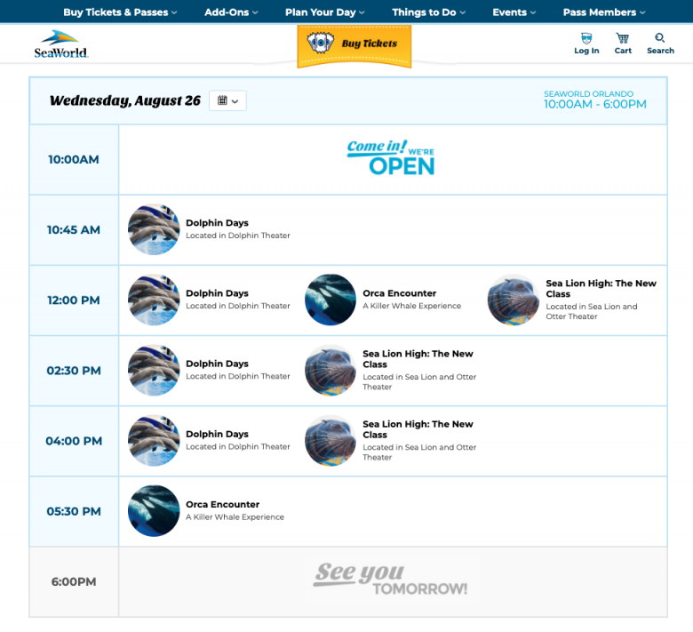 Foto da programação no site do SeaWorld. 